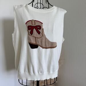 Boutique Western Cowboy Boot Bow Knit Sweater Vest Tank-Cream